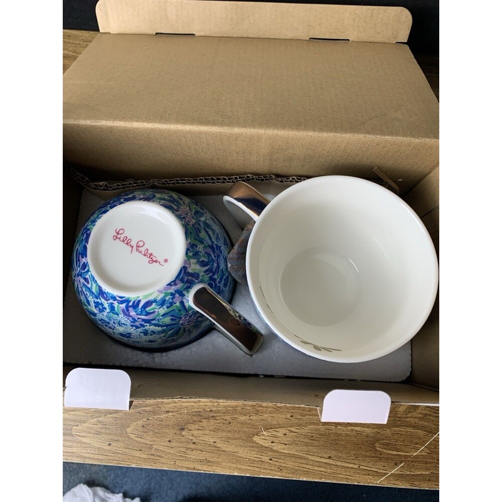 Lilly Pulitzer Ceramic Coffee Tea Cup Mug Set of 2 Blue White Tiger Lily Floral - Picture 3 of 10